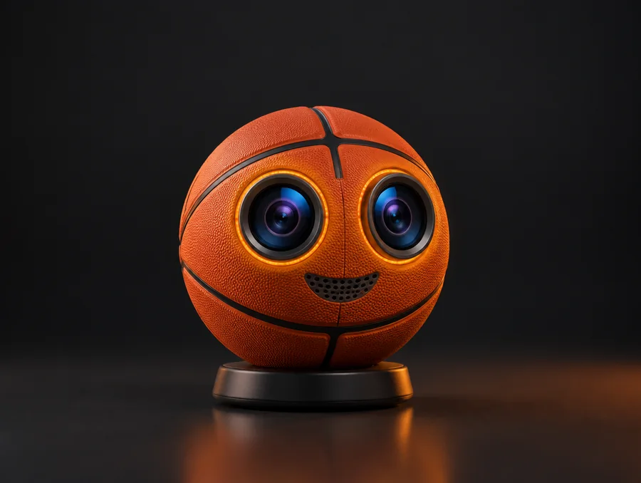 Concept render of a portable Hooper Buddy device shaped like a basketball, with two camera lenses set into the front like eyes