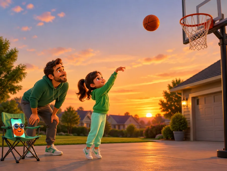 A father and daughter shooting at a driveway hoop at dusk, the companion watching from a phone