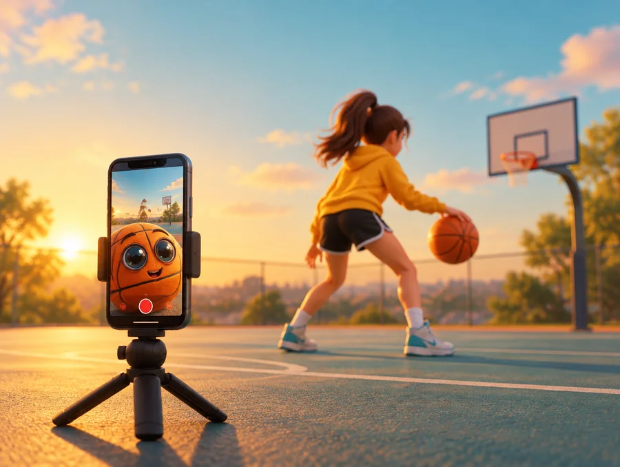 A phone on a small tripod filming a player on an outdoor court, the companion watching from the screen