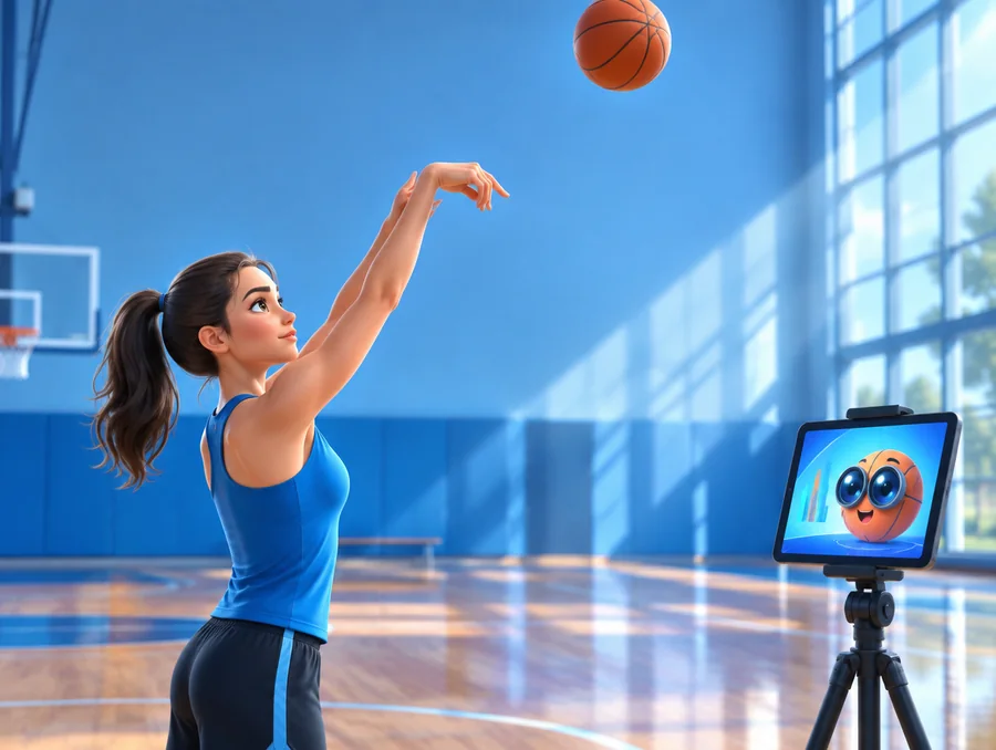 An adult holding her follow-through in a gym, her session on a tablet beside the court
