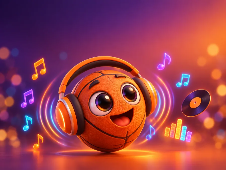The Hooper Buddy companion wearing headphones, surrounded by floating musical notes