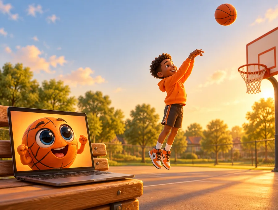 A kid shooting at a park hoop while their companion cheers from a laptop on the bench