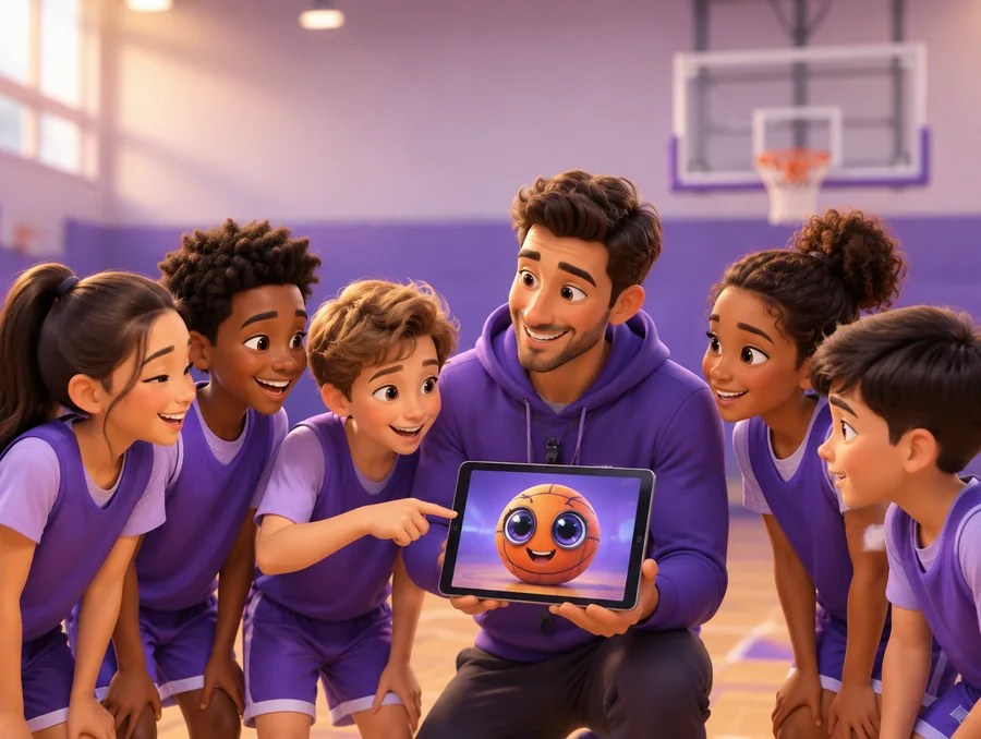 A youth team around their coach, looking at the companion on a tablet